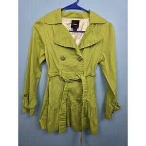 Takara Bright Green Double Breasted Trench Coat Girls Large Belted Ruffle Hem